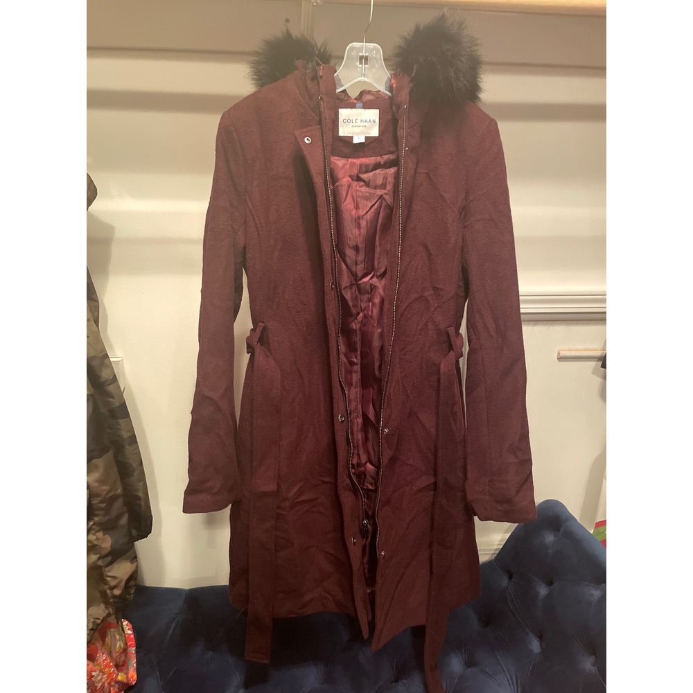 Cole Haan Signature Womens Burgundy Wool Blend Faux Fur Hooded Coat Size 12 - Picture 1 of 5